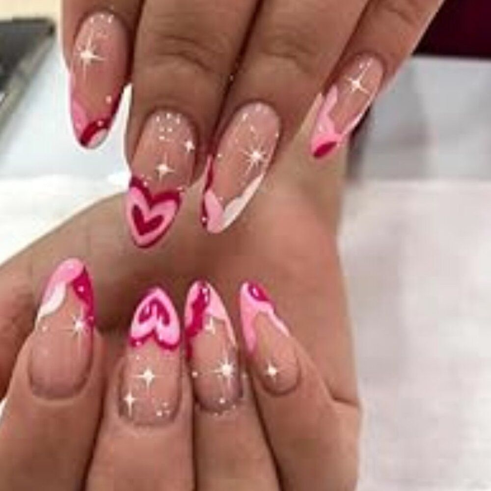 NWT 24pc Pink Heart Press-On Nails Almond Coquette Y2K Sparkle Manicure